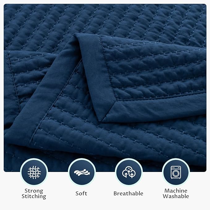 KASENTEX King Quilt Set 104"x90" – Soft Washed 3-Layer Lightweight Bedspread, Minimalist Nordic Design, All-Season Spring & Summer Quilt Set (1 Quilt + 2 Pillow Shams),Dress Dark Blue