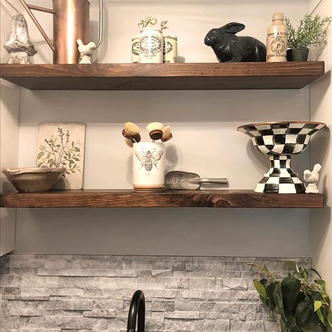 URBANDI, Rustic Floating Shelves, Set of 2, Hidden Bracket, Solid Wood, Heavy Duty, Wall Mounted Shelves, (Provincial, 36Wx8D)