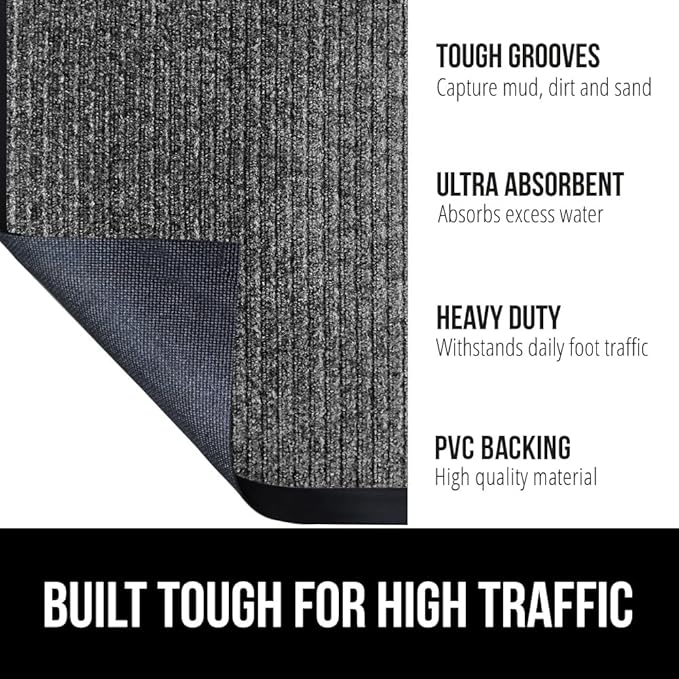 GORILLA GRIP Waterproof Traffic Guard Door Mat, Heavy Duty Entryway Mats, Strong Rubber Back Commercial Utility Rugs for Office Hallway, Garage Floor and Home, Low Profile Carpet, 29x17, Light Gray