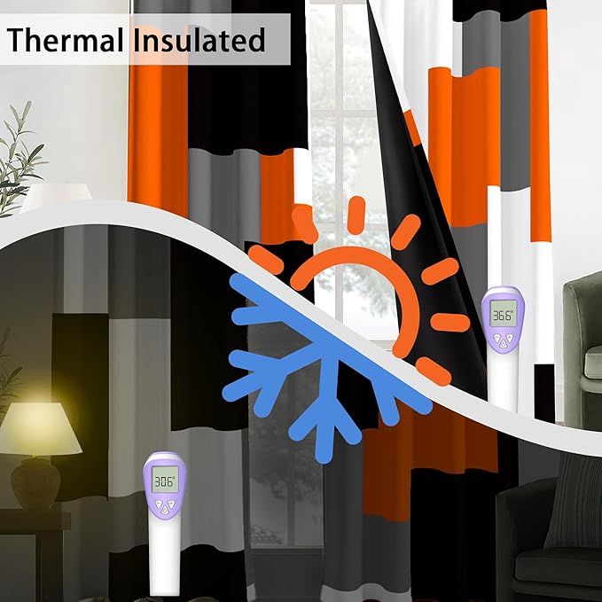 Orange 100% Blackout Curtains for Bedroom 63 inch Length 2 Panels Set White Grey Modern Abstract Geometric Black Out Curtains Insulated Room Darkening Window Drapes for Living Room, 42Wx63L