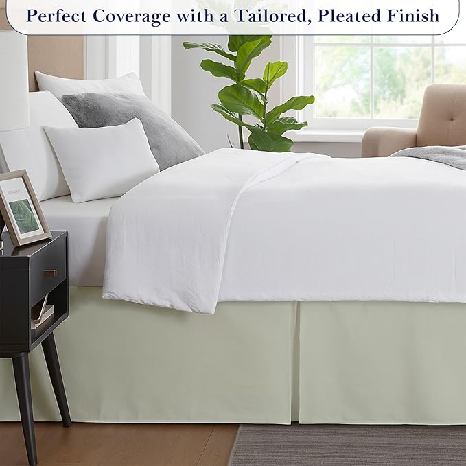 Queen Bed Skirt, Luxury 16 Inch Drop Ivory Pleated Bed Skirt, Double Brushed Microfiber, Box Pleat Design, Wrinkle & Fade Resistant, Easy Fit Tailored Bedskirt for Queen Size Beds
