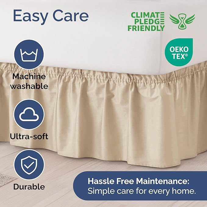 Wrap Around Dust Ruffle Bed Skirt - Cream - for King Size Beds with 18 Inch Drop - Easy Fit Elastic Strap - Adjustable Pleated Bedskirt w/Brushed Fabric - Wrinkle Free - for Women, Men, Kids & Teens