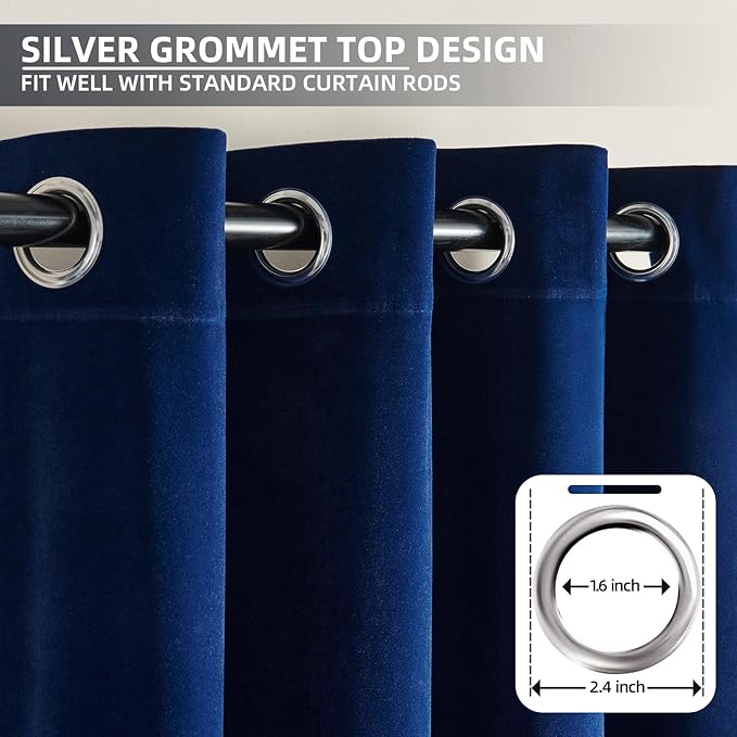Joydeco Royal Blue Velvet Curtains 90 inch Curtains, Luxury Grommet Blackout Curtain 2 Panels, Thermal Insulated Privacy Room Darkening Window Drapes for Bedroom Living Room Home Theatre (52Wx90L)