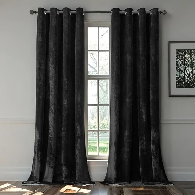 SMILETIME Black Crushed Velvet Curtains 52x108 inch Luxurious Thermal Insulated Soundproof Drapes for Living Room Bedroom Office Soft and Durable Light-Filtering Window Treatments, 2 Panels