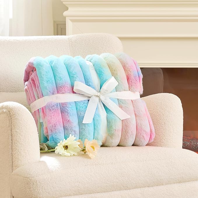 Cozy Bliss Faux Fur Throw Blanket for Couch, Cozy Warm Plush Striped Blanket for Sofa Bedroom Living Room, 108 * 90 Inches Tie-dye Rainbow