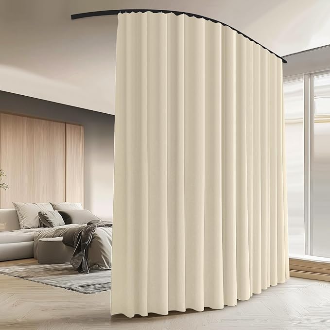 Room Divider Curtains with Ceiling Curtain Track Set Window Curtain for Bedroom,Living Room Total Blackout Thermal Insulated Privacy Ceiling Track Curtain W 6 × H 8 FT Beige drape&Black track