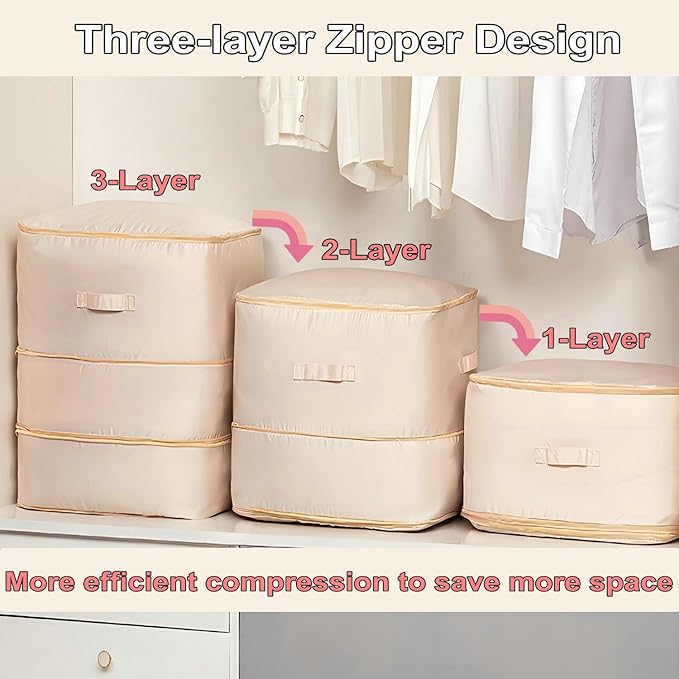 Ultra Space Saving Self Compression Organizer, 3-Layer Zipper Large Capacity Storage Bag, Thick Satin Fabric Heavy Duty Bags for Comforters Blankets Bedding Duvet (Gray, X-Large, 2PCS)