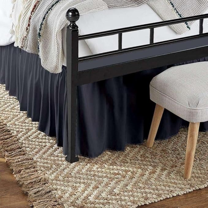 Dark Grey Solid Ruffled Bed Skirt Queen-XL-14 Inch Drop Split Corner, Microfiber Bedskirt with Platform Three Sided Coverage