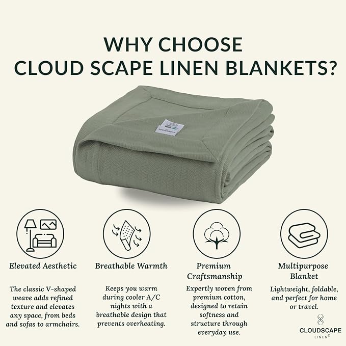 Cloud Scape Linen 100% Cotton Throw Blanket 50x70 Olive Green, Luxury All-Season Warmth, Ultra Soft, Oversized Herringbone Gauze Blanket for Winter, Bed, Couch & Sofa Decor, Best Gift Idea
