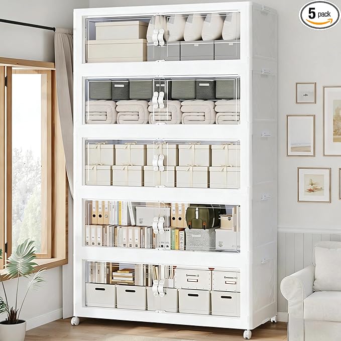 900QT Extra Large Stackable Storage Bins with Lid, 225Gal Collapsible Storage Box with Wheels and Doors, Plastic Closet Organizer and Storage Cabinet for Home Kitchen Office Dorm, 5Pack White