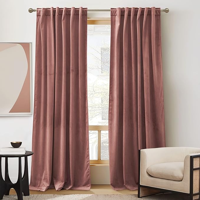 RYB HOME Elegant Velvet Curtains 96 inch Length Room Darkening Small Window Decor Silk Hand Feel Privacy Vertical Shade for Nursery Playroom Bedroom, W52 x L96 inches, Wild Rose Pink, 2 Panels