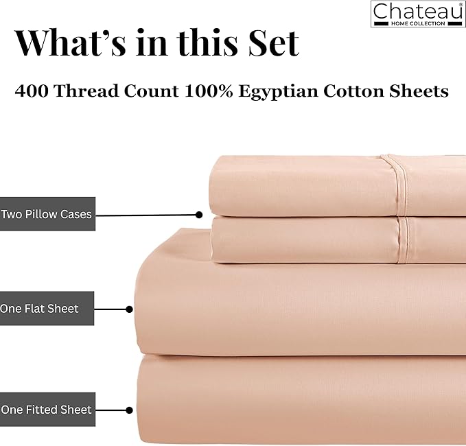 CHATEAU HOME COLLECTION 100% Egyptian Cotton King Size Sheets Set - 400 Thread Count Luxury Sateen Weave, Soft Breathable & Cooling, 15" King Sheets Deep Pocket-Blush