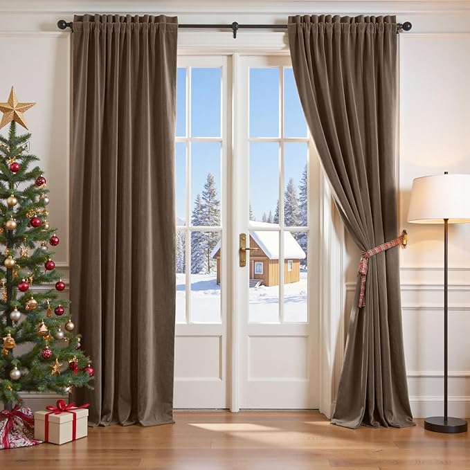 Lazzzy Velvet Blackout Curtains Thermal Insulated Room Window Drapes Super Soft Luxury Curtains for Living Room Bedroom Rod Pocket 2 Panels, Truffle, 52" W x 102" L