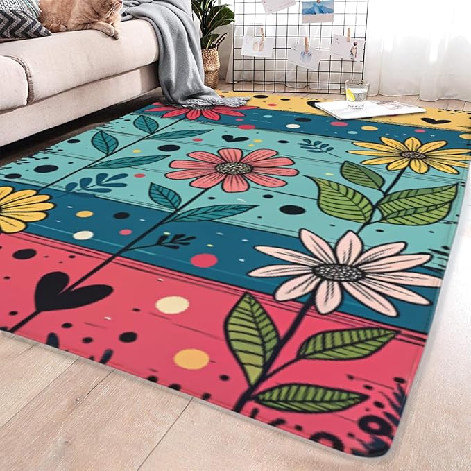 Machine Washable 2' x 3' Folk Art Print Style Area Rug, Flowers Floor mat, Suitable for bedrooms, Girls' Room Bedside, Living Room, Dining Room, Office, Non-Slip Low-Pile Retro, Fashionable Carpet