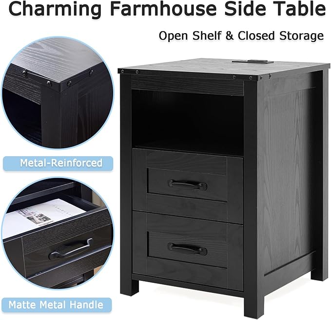 Puntogen Black Night Stand, Rustic End Table with Charging Station, Farmhouse Tall Nightstand for Bedroom, Drawer Dresser Bedside Table with Open Storage Shelf