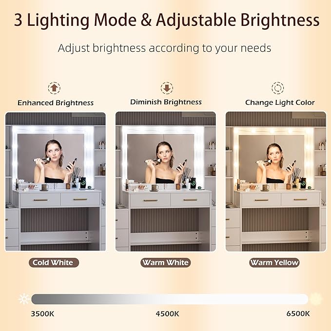 White Vanity Desk with Mirror, Lights & Charging Station, 58" 3 Lighting Modes Makeup Desk with 8 Drawers, 2 Cabinets and Lots Storage, Dressing Table Vanity Set with Lighted Mirror