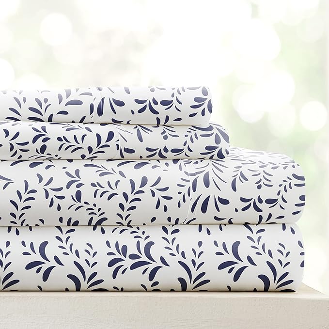 Linen Market Double-Brushed Patterned Microfiber Full Sheet Set 4 Piece – Oeko-TEX Certified Ultra Soft & Wrinkle-Free - 16" Deep Pocket Sheets - Easy Care Full Size - Burst of Vines Navy