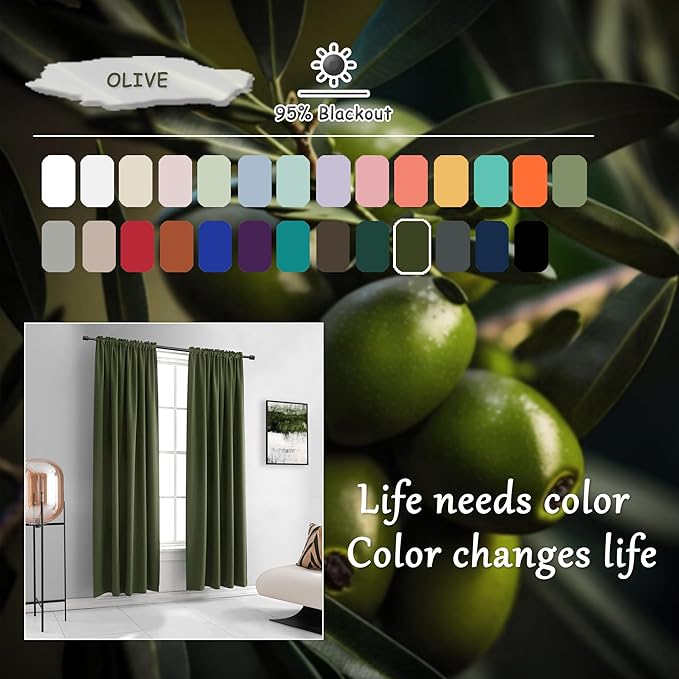DONREN 108 inch Extra Length Blackout Curtains for Villa Bedroom, Dark Green Room Darkening Thermal Insulated Window Panels for Patio (52" Wide x 108" Long,Olive,2 Pieces)