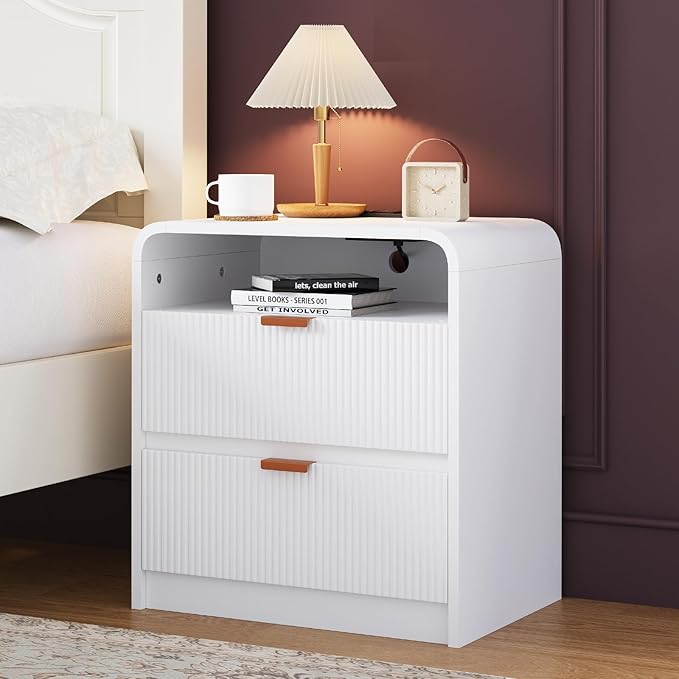 FURSUN 24" Fluted Nightstand Set of 2 with Charging Station, Wooden End Table with 2 Drawers Storage, Curved Profile Design, Modern Bedside Cabinet for Bedroom, White