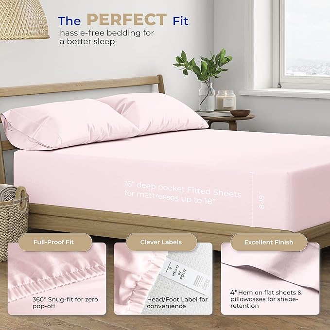 THREAD SPREAD 100% Cotton Sheets Full Size Set - 400 Thread Count 4 PC Full Size Sheet Sets Cotton, (Blush), Ultra Soft, Breathable, Cooling, Sateen Weave 16" Deep Pocket Bedsheet for Hot Sleepers