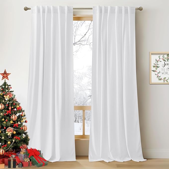 RYB Home White Velvet Curtains 84 inches - Plush Soft Modern Decorative Drapes Back Tab & Rod Pocket Window Treatment Panels for Bedroom Living Room Dining Room, W52 x L84 2 Panels