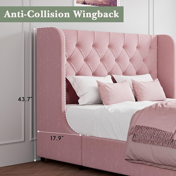 HOMBCK Pink King Size Bed Frame, Upholstered Platform Bed Frame with Velvet Tufted Headboard, Curved Wingback Design, Wooden Slats, No Box Spring, Noise Free, Easy Assembly
