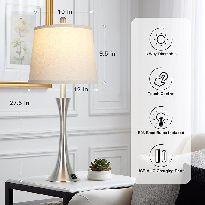 27.5" Silver Table Lamps, Touch Bedside Lamps with USB C+A Ports, 3 Way Dimmable Nightstand Lamps for Bedroom, Living Room, Office, Silver Lamp with Beige Lampshade, Bulbs Included (1 Pack)