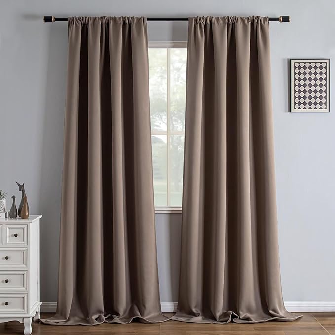 Blackout Curtains 96 Inch Length 2 Panels Set, Black Out Curtains for Bedroom 96 Inch Long, Rod Pocket Energy Saving Room Darkening Drapes for Living Room Window Khaki(W52 x L96)
