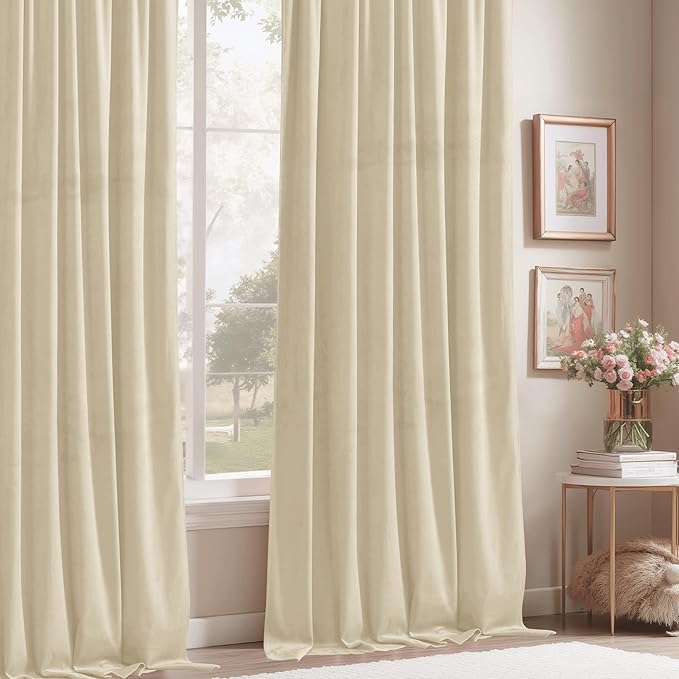 StangH Beige Velvet Curtains for Bedroom 100 inches Long, Soft Elegant Privacy Thermal Insulated Room Dividers for Living Room/Sliding Door Panels, W52 x L100, 2 Panels