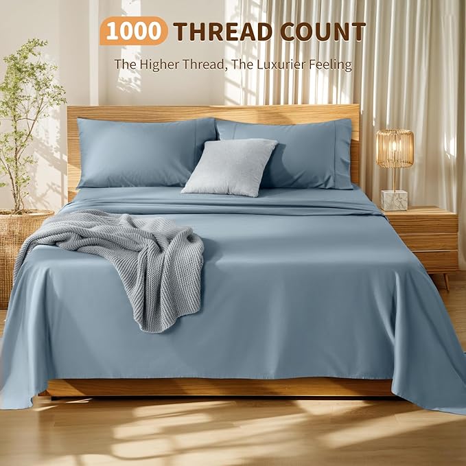 LBRO2M 100% Cotton Sheets Set Deep Pocket 19", 1000 Thread Count King Size 4 Piece Bed Sheet Sets Soft Comfortable Bedding All Season (King, French Blue)