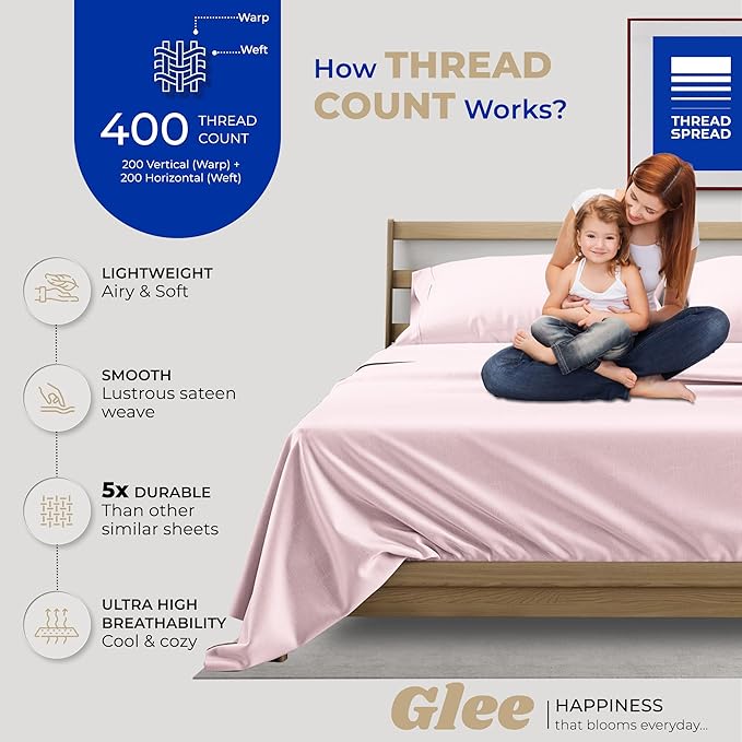 THREAD SPREAD 100% Cotton Sheets King Size - 400 Thread Count King Size Sheets Set (4 PC, Blush), 16" Deep Pocket All Around Elastic, Soft, Cooling, Durable & Breathable Sateen Weave Bed Sheet Set