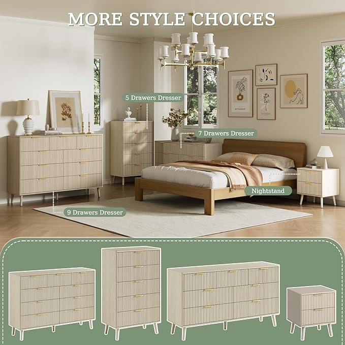 LYNSOM 55" Wide Fluted Dresser for Bedroom with 7 Drawer, Modern Chest of Drawers with Curved Profile Design and Metal Handles, Wood Dresser TV Stand & Storage Organizer for Living Room, Beige