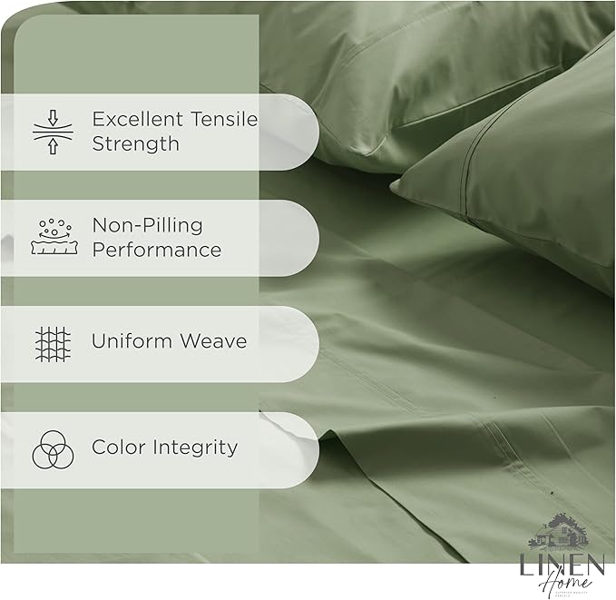 Linen Home 100% Cotton Percale Sheets Queen Size, Oil Green, Deep Pocket, 4 Pieces Set - 1 Flat, 1 Deep Pocket Fitted Sheet and 2 Pillowcases, Crisp Cool and Strong Bed Linen
