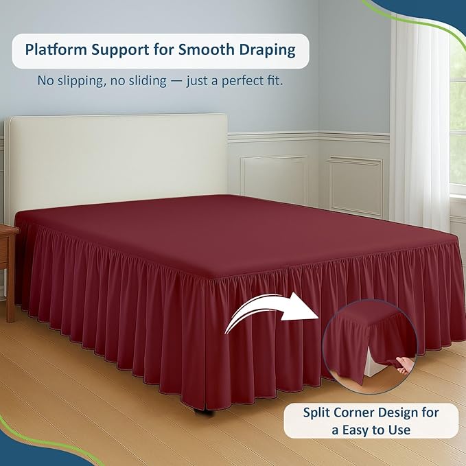 Rajlinen Ruffled Bed Skirt Twin XL, 15 Inch Drop Dust Ruffle with Split Corners, 100% Microfiber Bedskirt with Platform, Three-Sided Coverage Ruffled Gathering Design, Burgundy