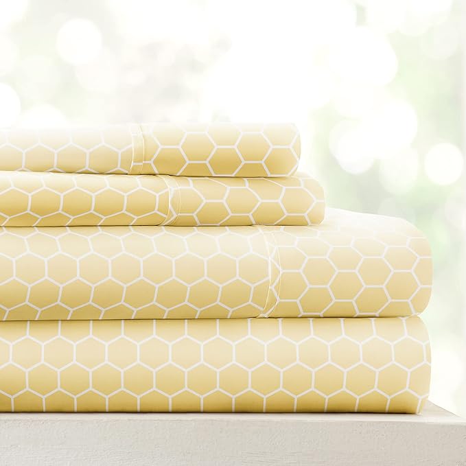 Linen Market Patterned Microfiber Full Sheet Set 4 Piece – Oeko-TEX Certified Ultra Soft & Wrinkle-Free - 16" Deep Pocket Sheets - Easy Care Full Size - Honeycomb Yellow