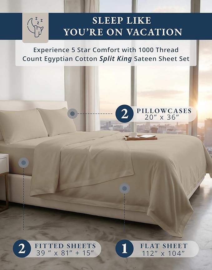 LANE LINEN 100% Egyptian Cotton Split King Sheets for Adjustable Beds - 1000 Thread Count, Soft & Comfy Sateen Weave for Silky Finish, Cool Breathable Eco Friendly Sustainably Produced Bedding- Taupe