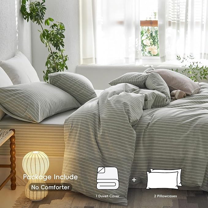 MooMee Striped Duvet Cover Set 100% Washed Cotton Linen Like Textured Breathable Durable Soft Comfy (Sage Green White Wide Stripes, Full 80"x90")