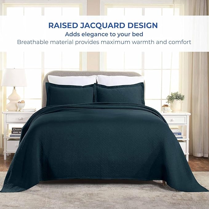 Superior 100% Cotton Basket Weave Bedspread with Shams, All-Season Premium Cotton Matelasse Jacquard Bedding, Quilted-Look Geometric Basket, Full, Deep Sea