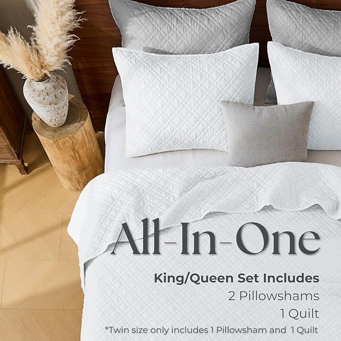 Queen Quilt Set with Shams Lightweight Quilted Bedspread Coverlet Thin Comforter Bed Cover Vintage Washed Quilted Blanket for All Season, Brushed Microfiber Diamond Stitching, White, 88"x92"