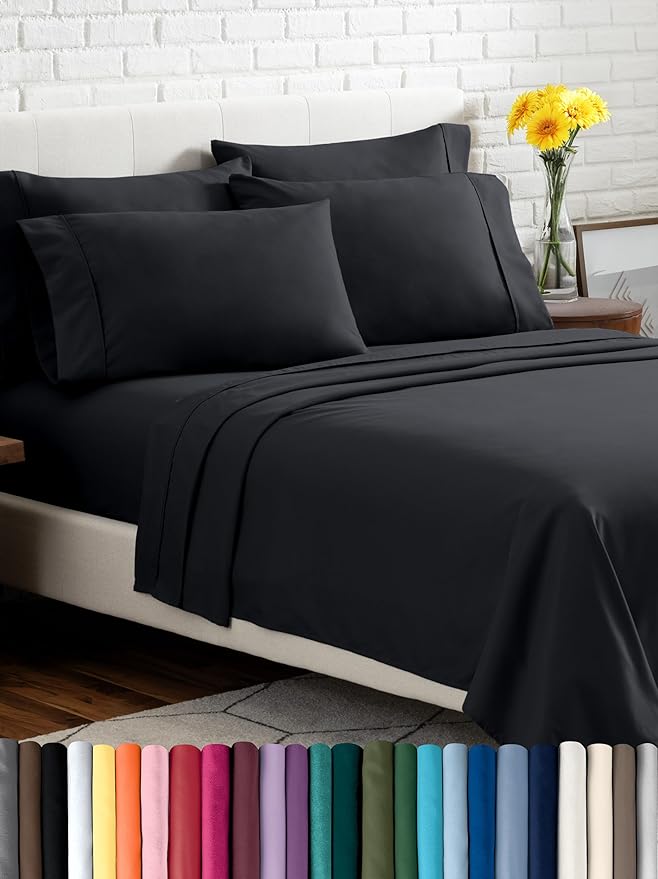 Bare Home Hotel Luxury Queen Sheet Set, Extra Soft - 6 Piece Set - Deep Pockets - Easy Fit - Cooling & Breathable - Wrinkle, Fade, Stain Resistant - Includes 4 Pillowcases (Queen, Black)