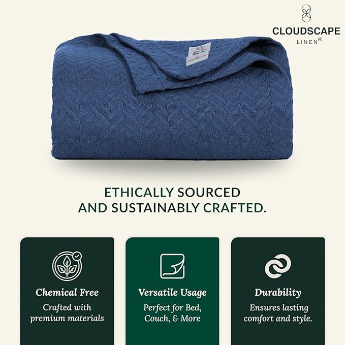Cloud Scape Linen 100% Cotton Throw Blanket 50x70 Ensign Blue, Luxury All-Season Warmth, Ultra Soft, Oversized Herringbone Gauze Blanket for Winter, Bed, Couch & Sofa Decor, Best Gift Idea