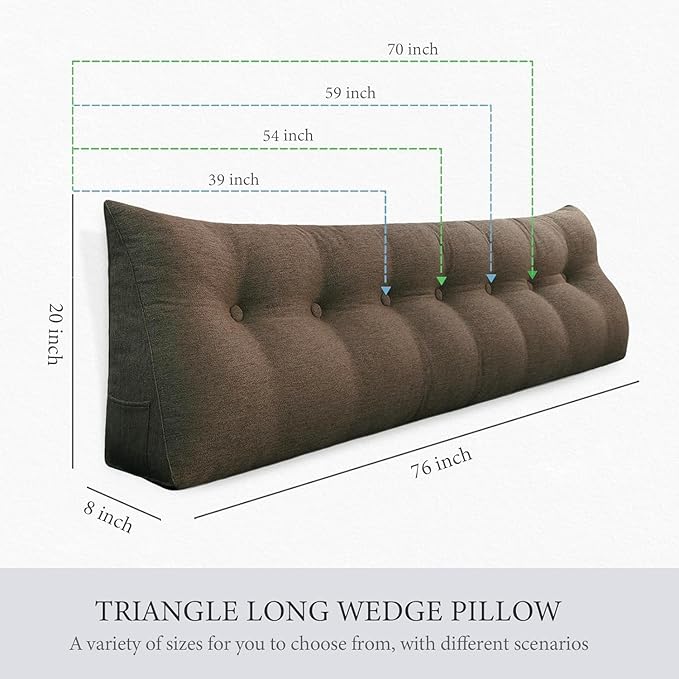 homecozy Wedge Headboard Pillow Dorm Room Reading Pillow Back Support for Sitting Up in Bed Bolster Lumbar Cushion Body Positioning Bedrest Cotton Linen 76in Coffee King