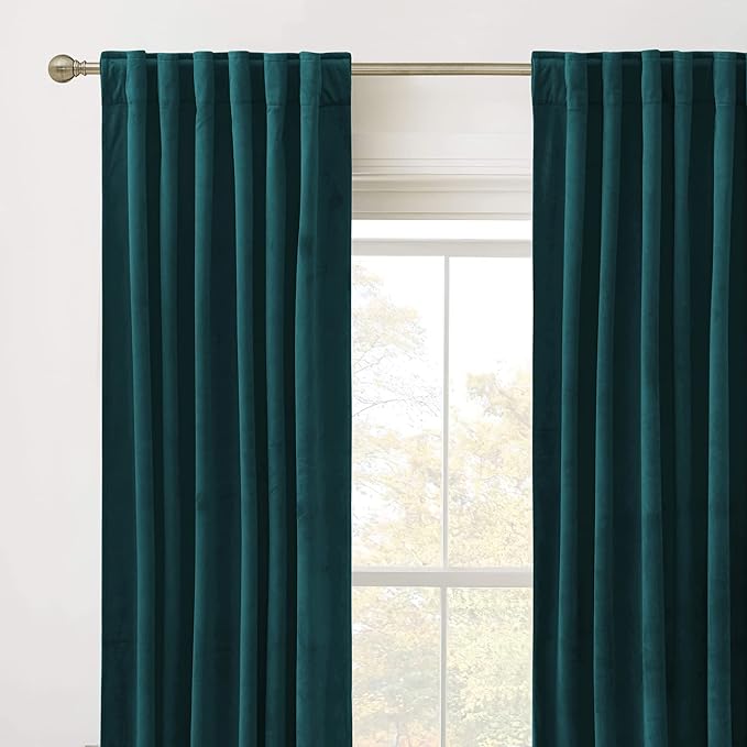 RYB HOME Velvet Curtains 90 inches Length, Back Tab & Rod Pocket Soft Fabric Curtains & Drapes for Bedroom Room Divider, Peacock Blue, W 62 x L 90, 2 Panels Set