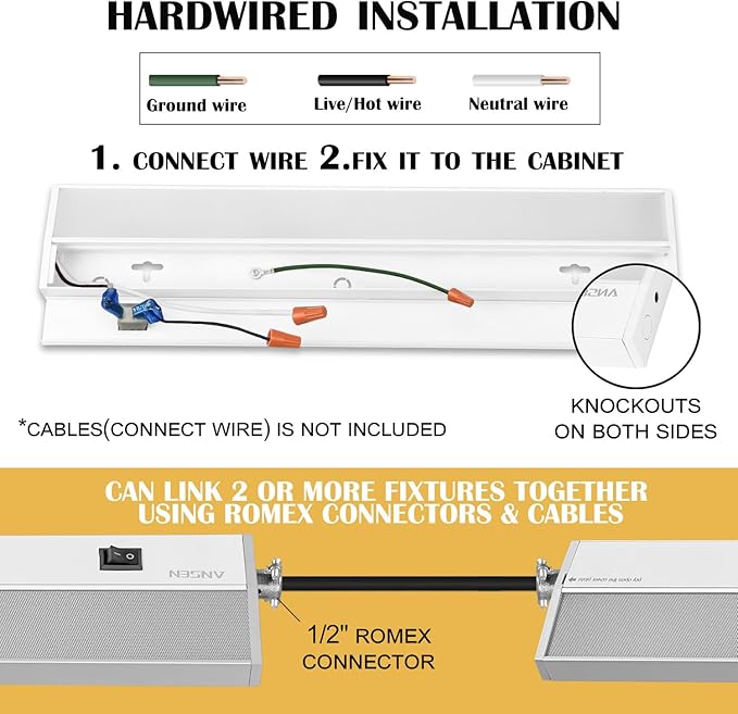Ansen Hardwired Under Cabinet Lighting, 18inch 15W LED Light for Kitchen/Closet, 998.4lm, CRI>92, R9>90, Dimmable, 3 Color Temperature, 3000K/4000K/5000K(Warm White, Cool White, Daylight)