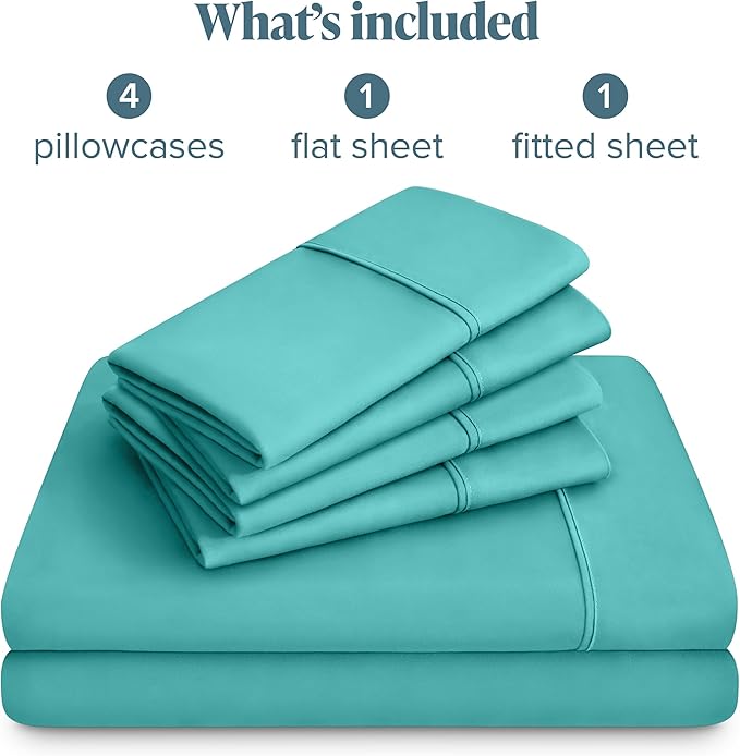 Bare Home Hotel Luxury Queen Sheet Set, Extra Soft - 6 Piece Set - Deep Pockets - Easy Fit - Cooling & Breathable - Wrinkle, Fade, Stain Resistant - Includes 4 Pillowcases (Queen, Turquoise)