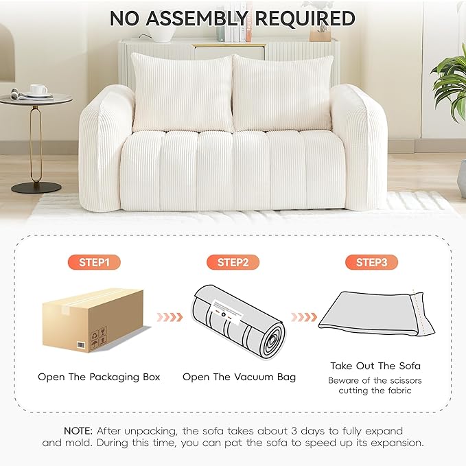 Corduroy Boneless Living Room Sets, Modern Upholstered Loveseat with 2 Signle Sofa Chairs, Comfy Deep Seat Cloud Sofa Couch Sets for Living Room, White