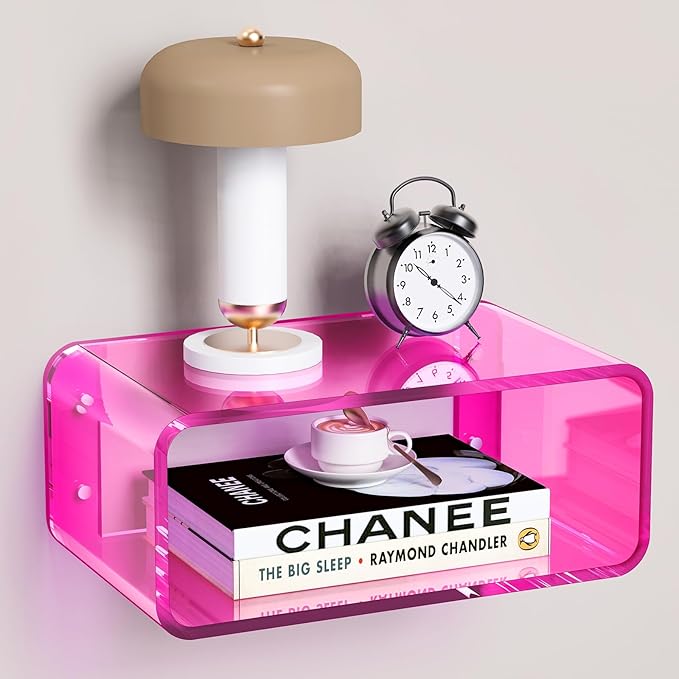 Acrylic Floating Nightstand, Bedside Table, Nightstand Shelf Wall Mounted Bedside Shelf (Pink, Small)