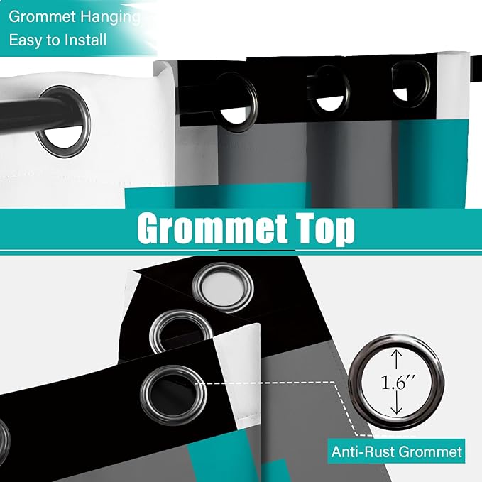 Teal/Turquoise 100% Blackout Curtains for Bedroom 72 inch Length 2 Panels Set White Grey Modern Abstract Geometric Black Out Curtains Room Darkening Window Drapes for Living Room, 52Wx72L