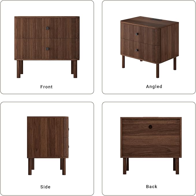 Night Stand Set of 2 with Charging Station, 24" Large Fluted Nightstand with Rounded Corners & Solid Wood Legs, 2 Drawers Mid Century Modern Bedside Table for Bedroom, Walnut