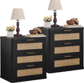 LEYAOYAO Rattan Night Stand with Drawers, 23" Large 3 Drawer Boho Nightstand, Black Bedside Table Storage Cabinet, Bed Side End Tables Dresser for Bedroom, Living Room, Hallway, Closet